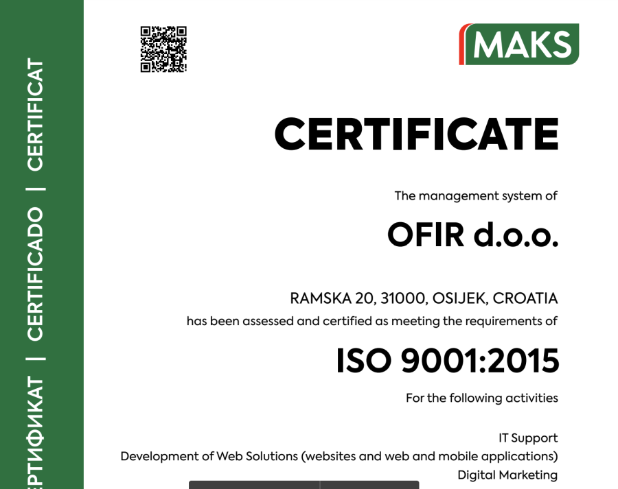 ISO 9001:2015 certifikat